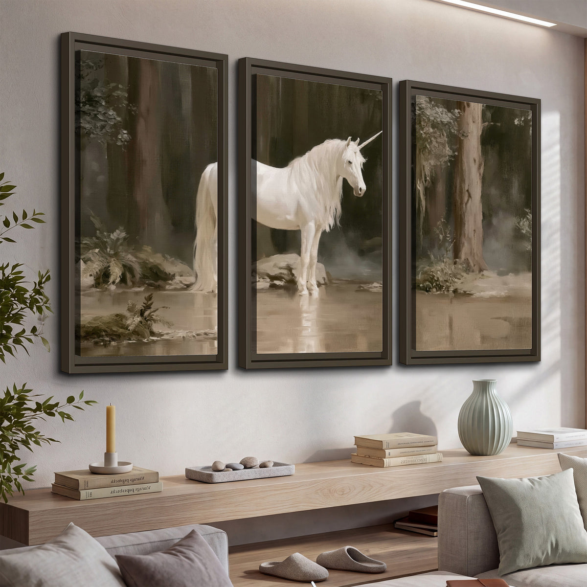 A white unicorn standing beside shallow water beneath tall shadowed trees 3 piece framed canvas wall art displayed in a console