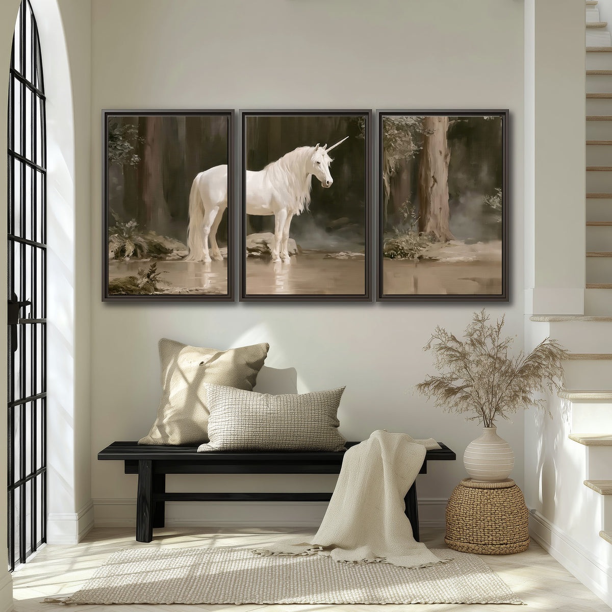 A white unicorn standing beside shallow water beneath tall shadowed trees 3 piece framed canvas wall art displayed in a entryway