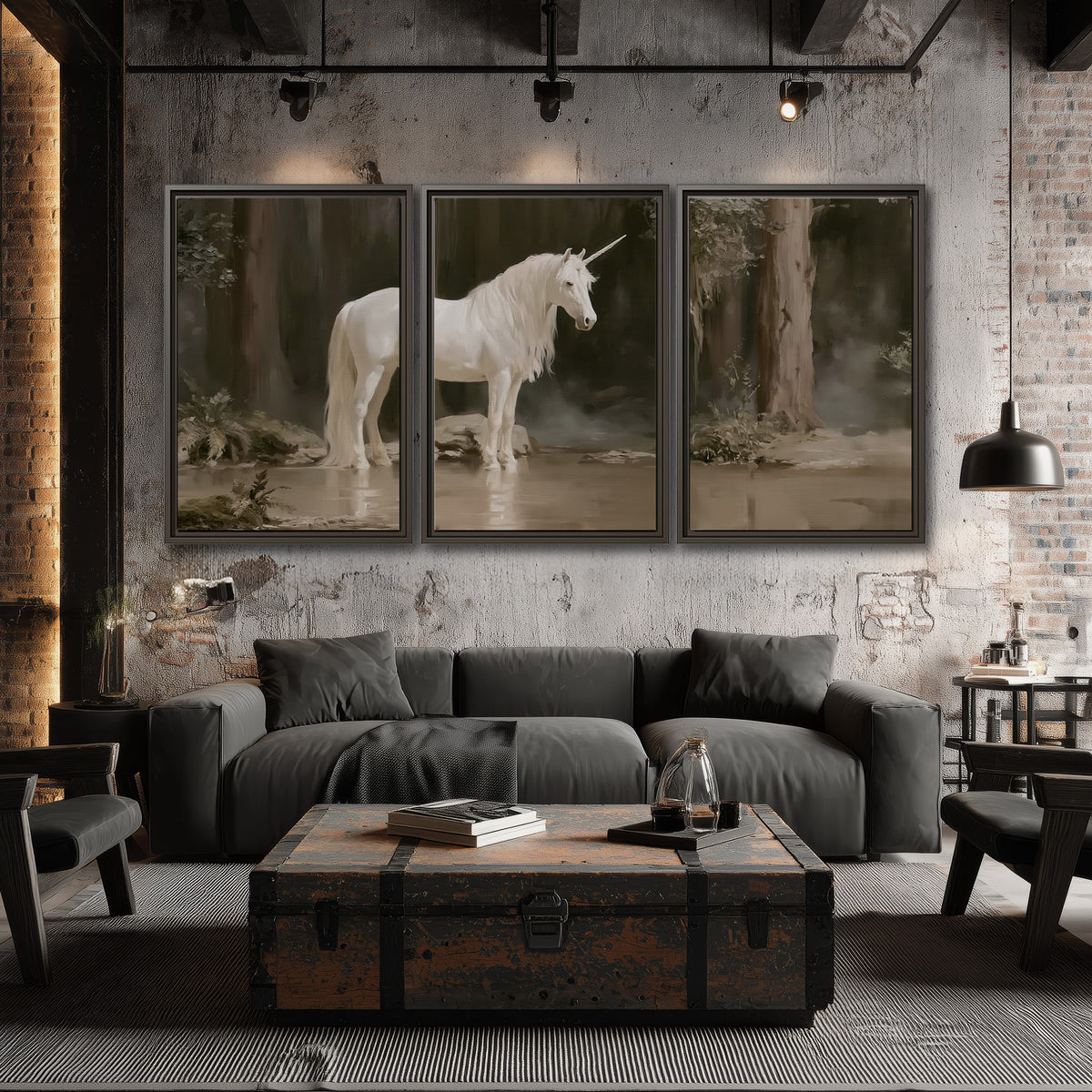 A white unicorn standing beside shallow water beneath tall shadowed trees 3 piece framed canvas wall art displayed in a industrial room