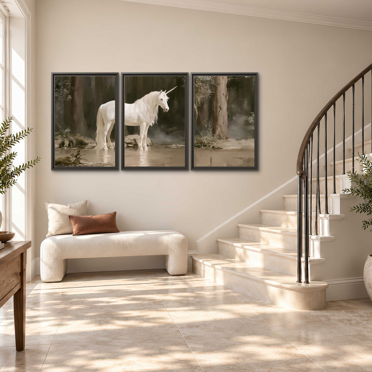 A white unicorn standing beside shallow water beneath tall shadowed trees 3 piece framed canvas wall art styled in an interior