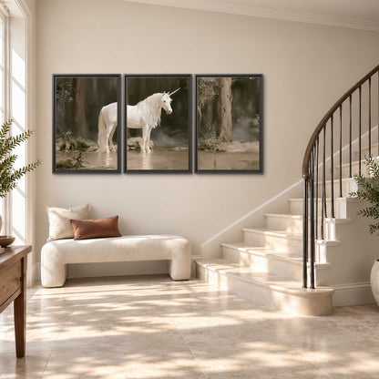 A white unicorn standing beside shallow water beneath tall shadowed trees 3 piece framed canvas wall art styled in an interior