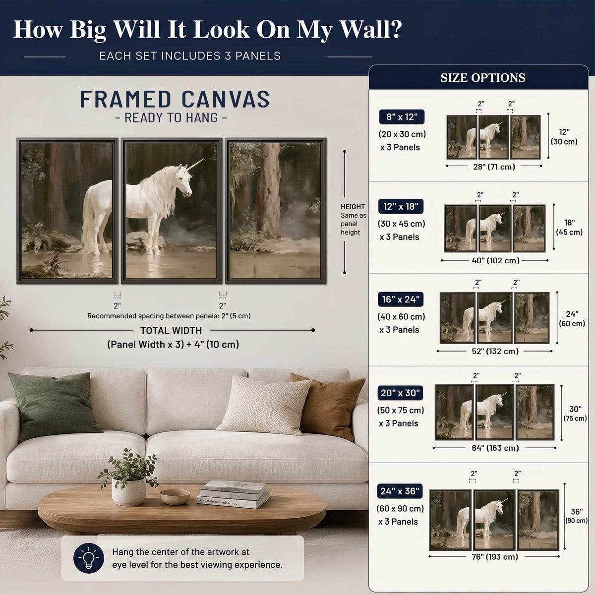 A white unicorn standing beside shallow water beneath tall shadowed trees 3 piece framed canvas wall art size guide above a sofa; room view is illustrative