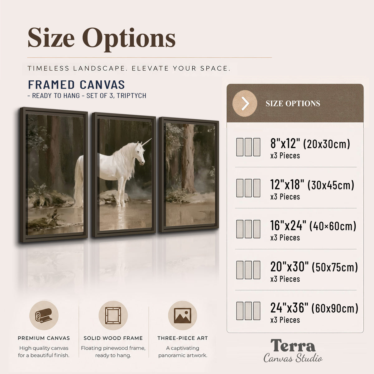 A white unicorn standing beside shallow water beneath tall shadowed trees 3 piece framed canvas wall art available dimensions; triptych dimensions are per panel
