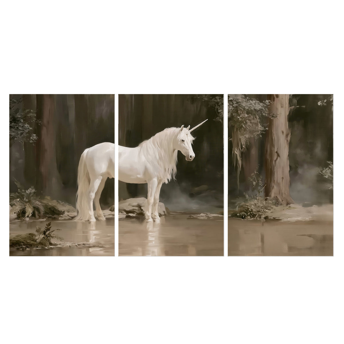 A white unicorn standing beside shallow water beneath tall shadowed trees set of 3 poster prints viewed straight on
