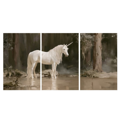 A white unicorn standing beside shallow water beneath tall shadowed trees set of 3 poster prints viewed straight on
