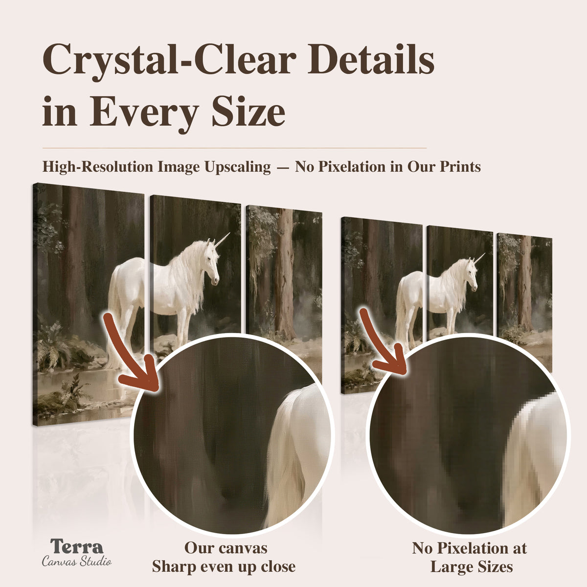 A white unicorn standing beside shallow water beneath tall shadowed trees artwork quality information