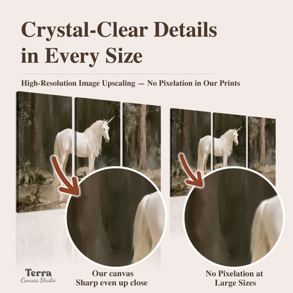 A white unicorn standing beside shallow water beneath tall shadowed trees artwork quality information