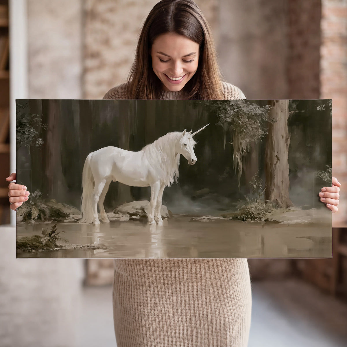 A white unicorn standing beside shallow water beneath tall shadowed trees single canvas wall art held in hands