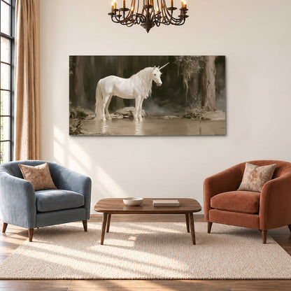 A white unicorn standing beside shallow water beneath tall shadowed trees single canvas wall art styled in an interior