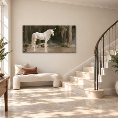A white unicorn standing beside shallow water beneath tall shadowed trees single canvas wall art styled in an interior