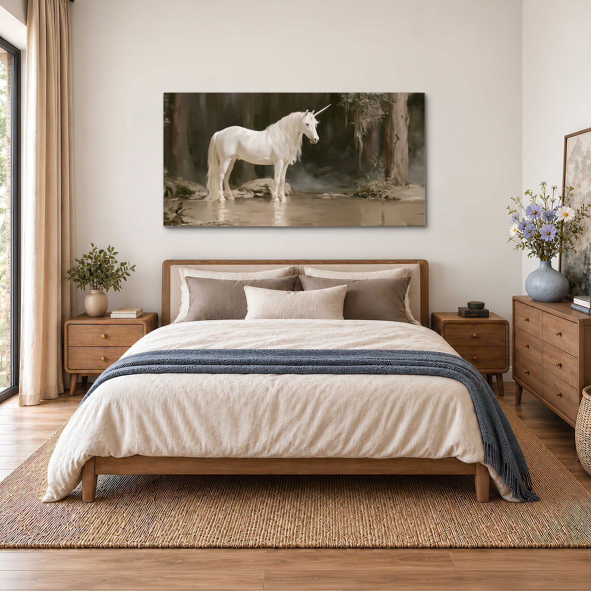 A white unicorn standing beside shallow water beneath tall shadowed trees single canvas wall art styled in an interior