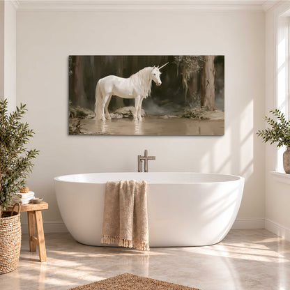 A white unicorn standing beside shallow water beneath tall shadowed trees single canvas wall art styled in an interior