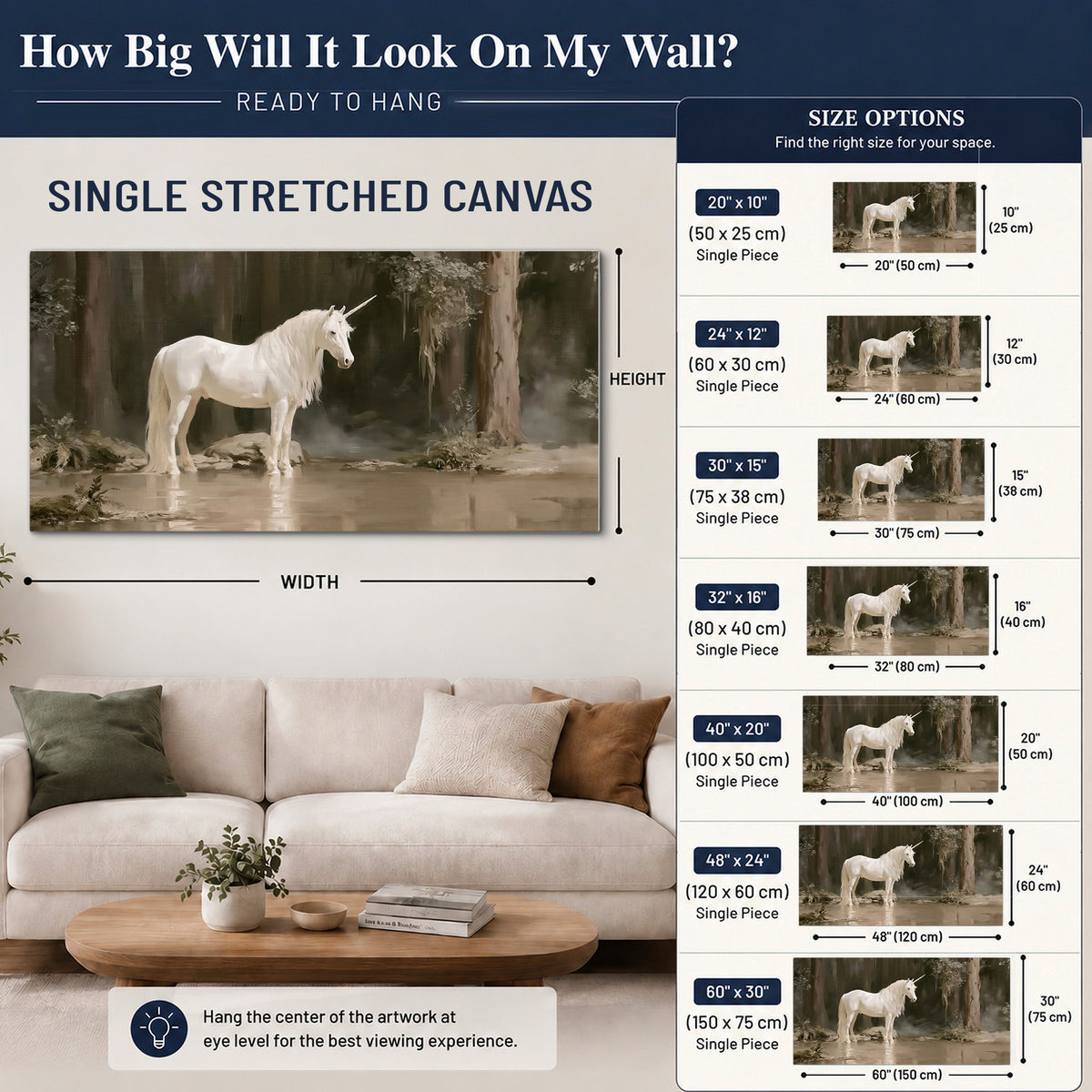 A white unicorn standing beside shallow water beneath tall shadowed trees single canvas wall art size guide above a sofa; room view is illustrative