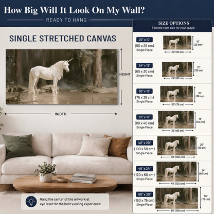 A white unicorn standing beside shallow water beneath tall shadowed trees single canvas wall art size guide above a sofa; room view is illustrative