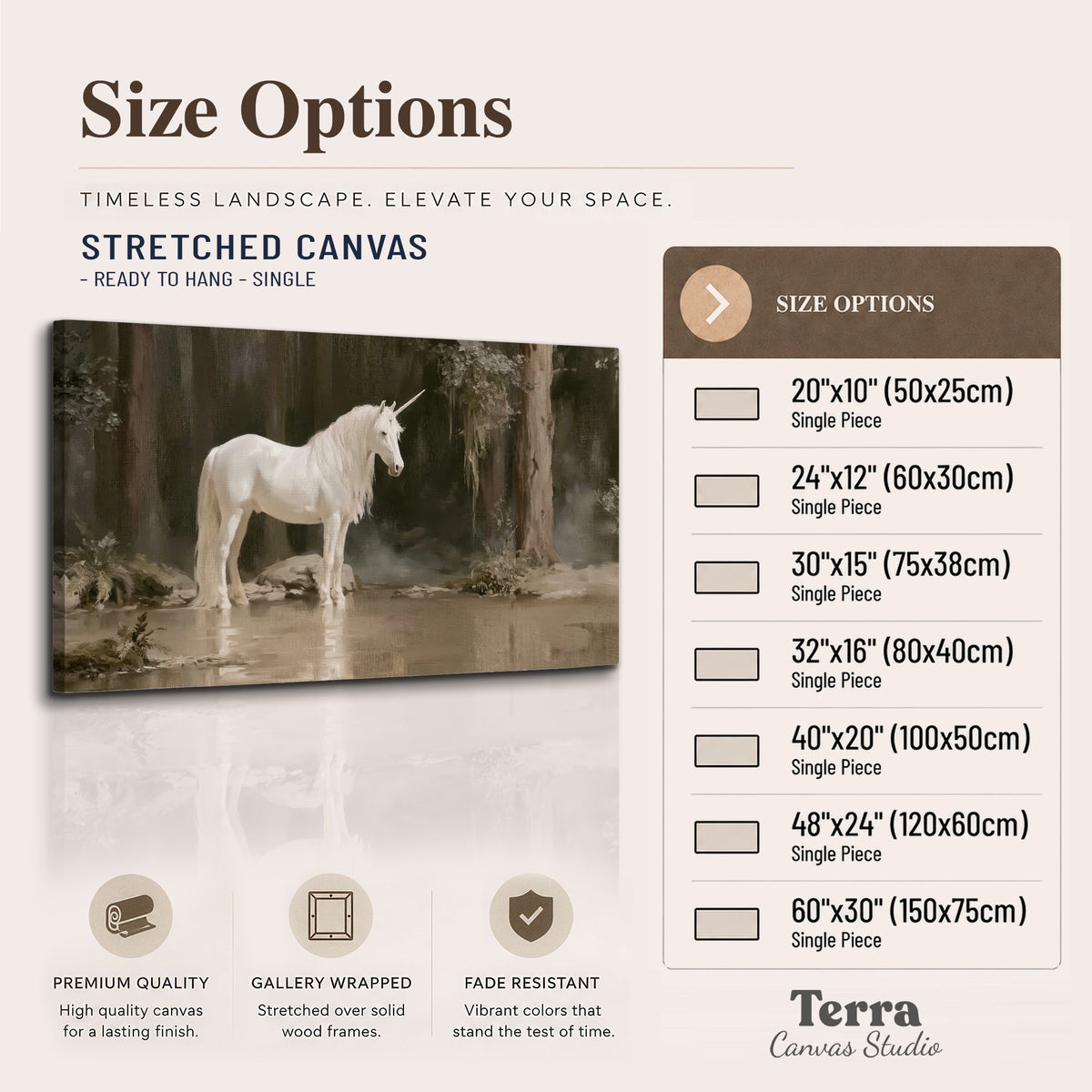 A white unicorn standing beside shallow water beneath tall shadowed trees single canvas wall art available dimensions