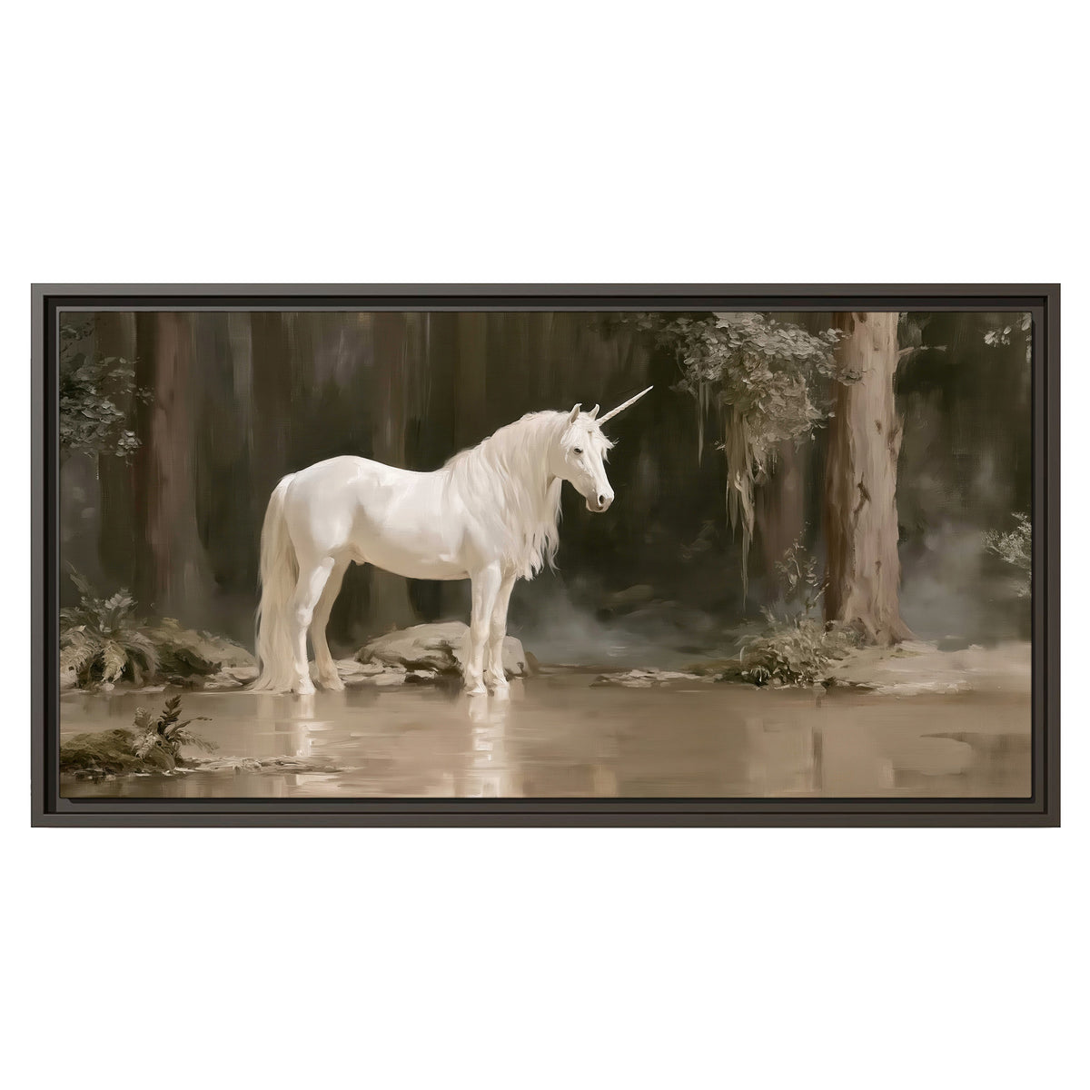 A white unicorn standing beside shallow water beneath tall shadowed trees single framed canvas wall art viewed straight on