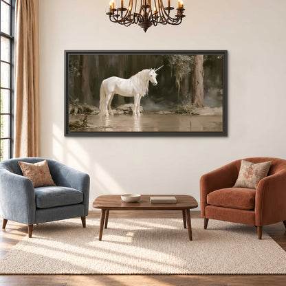 A white unicorn standing beside shallow water beneath tall shadowed trees single framed canvas wall art styled in an interior