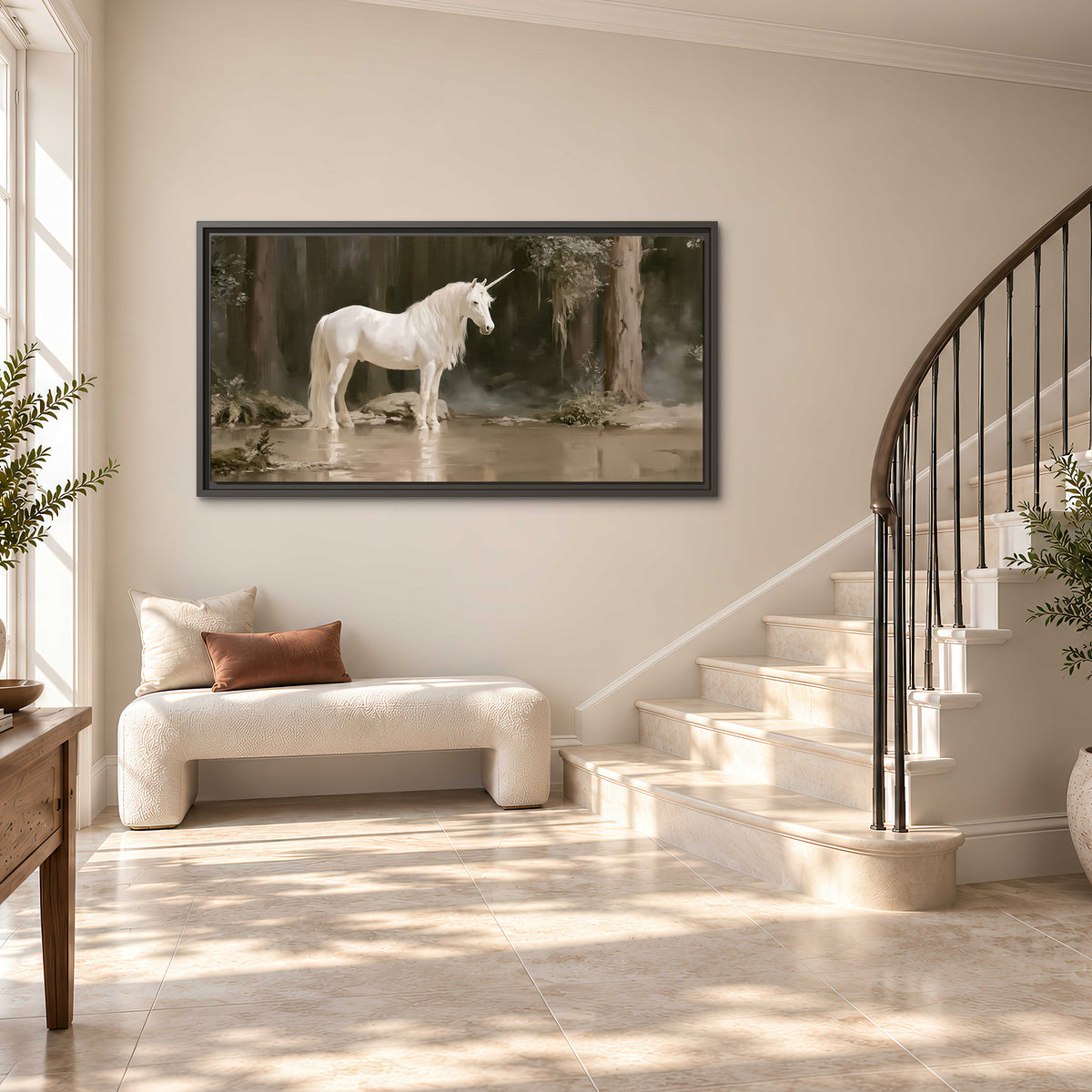 A white unicorn standing beside shallow water beneath tall shadowed trees single framed canvas wall art styled in an interior
