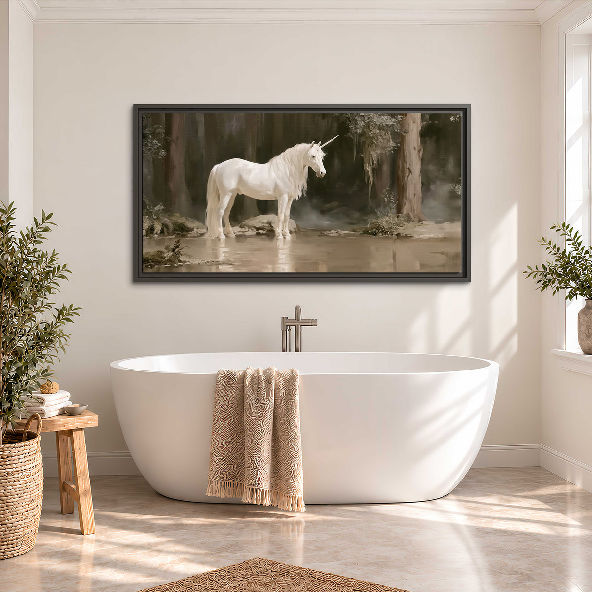 A white unicorn standing beside shallow water beneath tall shadowed trees single framed canvas wall art styled in an interior