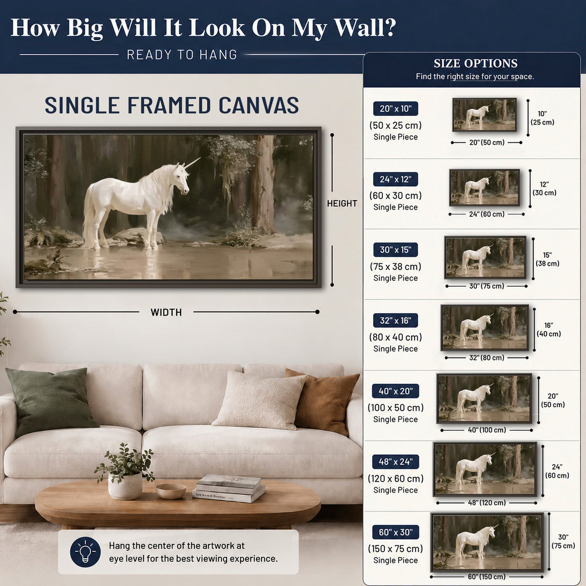A white unicorn standing beside shallow water beneath tall shadowed trees single framed canvas wall art size guide above a sofa; room view is illustrative