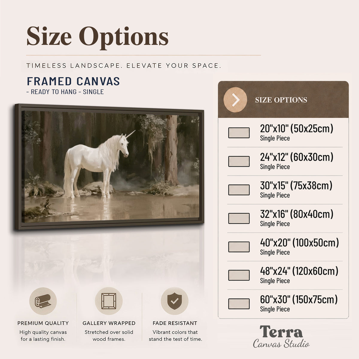 A white unicorn standing beside shallow water beneath tall shadowed trees single framed canvas wall art available dimensions
