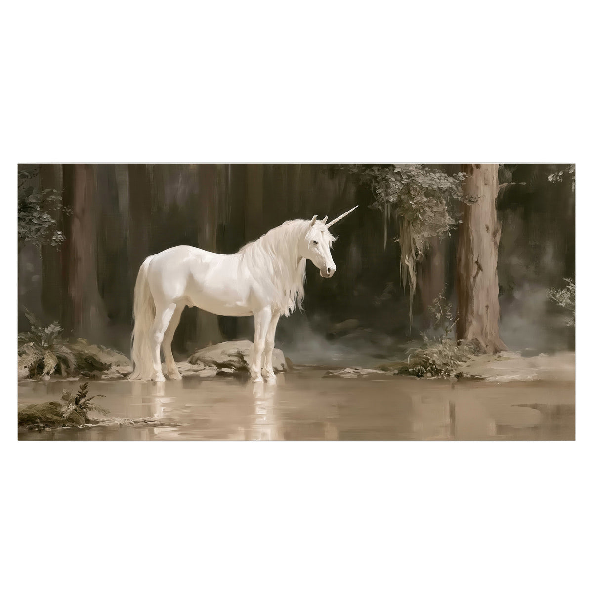 A white unicorn standing beside shallow water beneath tall shadowed trees single poster print viewed straight on