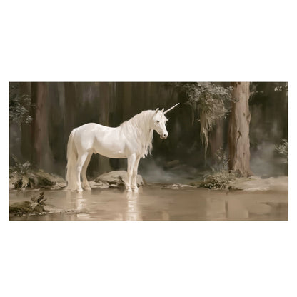 A white unicorn standing beside shallow water beneath tall shadowed trees single poster print viewed straight on