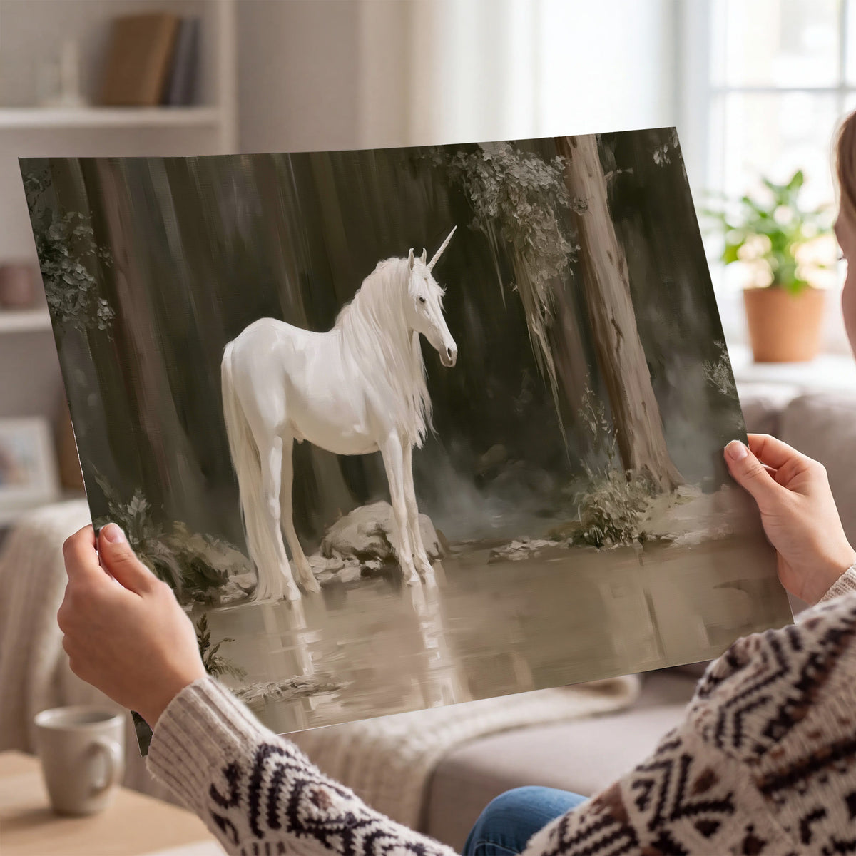 A white unicorn standing beside shallow water beneath tall shadowed trees single poster print held in hands