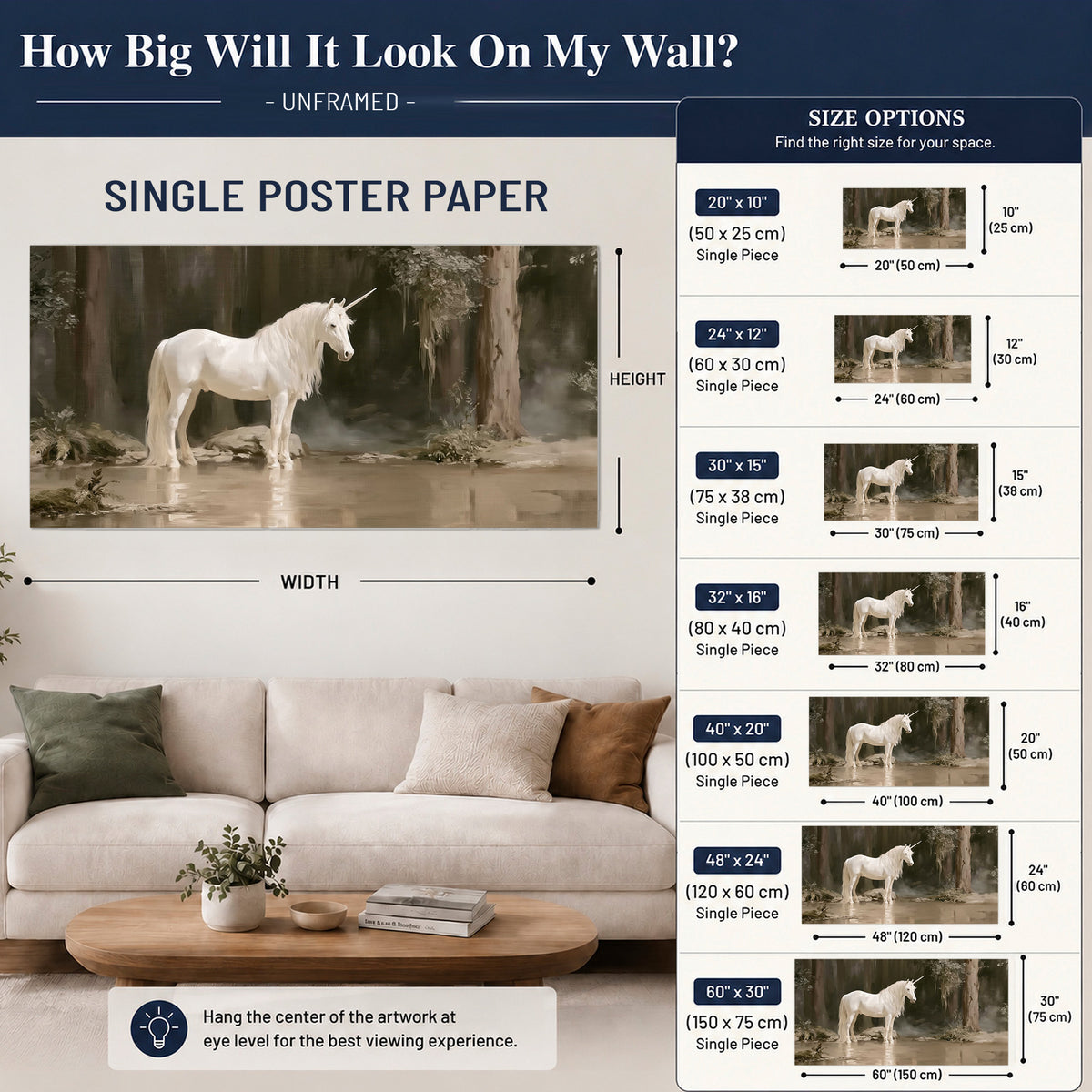 A white unicorn standing beside shallow water beneath tall shadowed trees single poster print size guide above a sofa; room view is illustrative