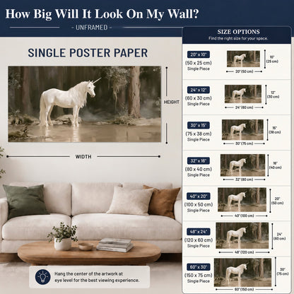 A white unicorn standing beside shallow water beneath tall shadowed trees single poster print size guide above a sofa; room view is illustrative