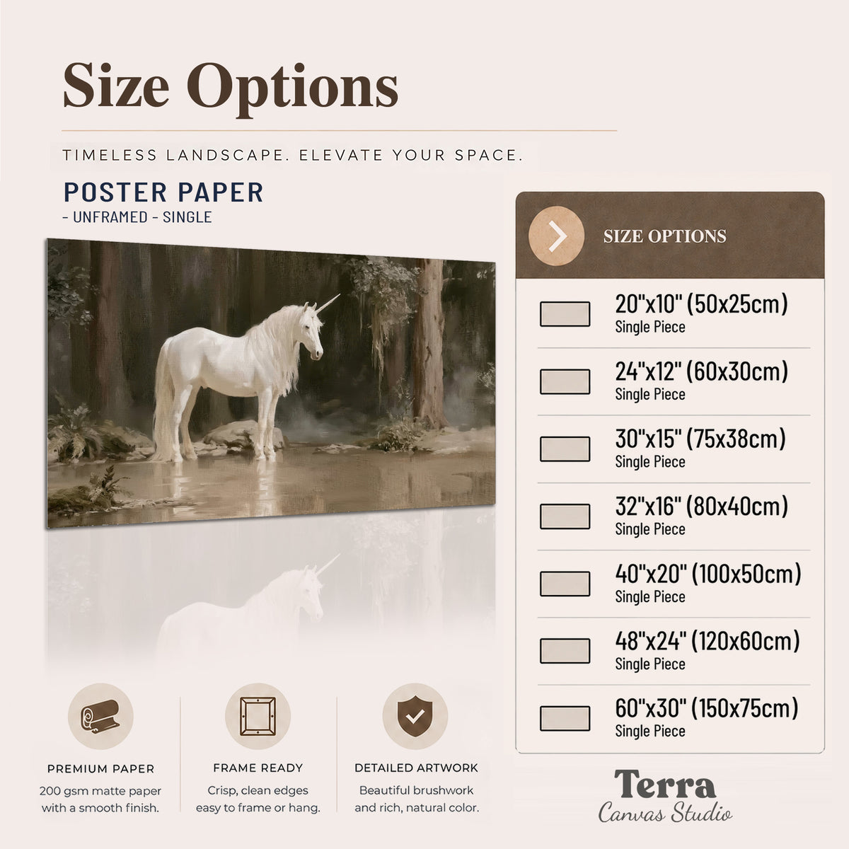 A white unicorn standing beside shallow water beneath tall shadowed trees single poster print available dimensions