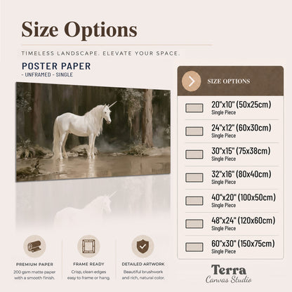 A white unicorn standing beside shallow water beneath tall shadowed trees single poster print available dimensions