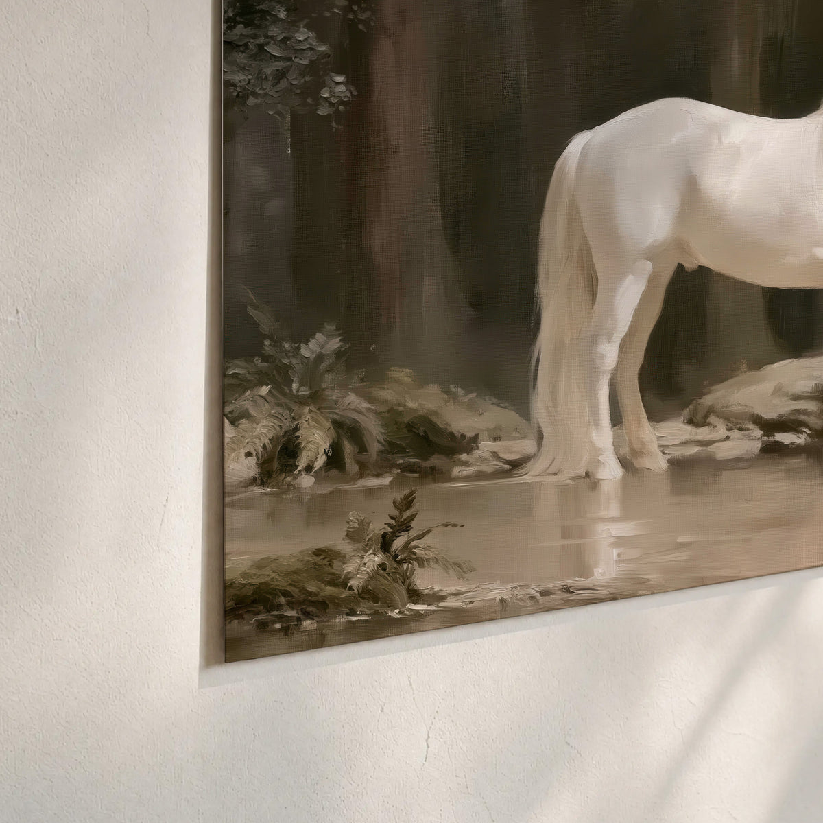 A white unicorn standing beside shallow water beneath tall shadowed trees set of 3 poster prints material and edge close up