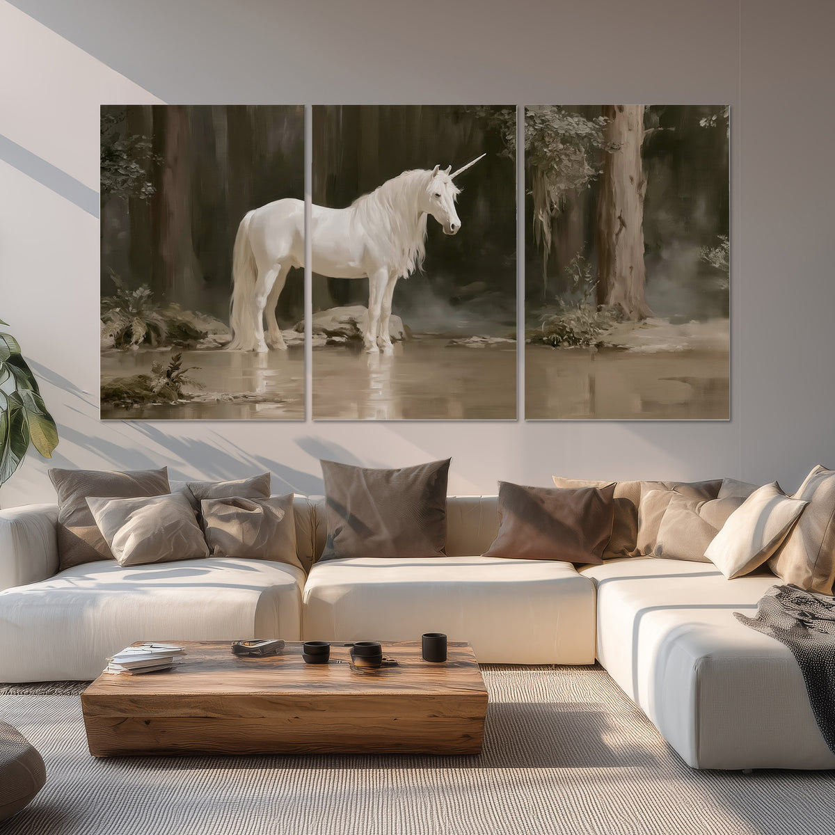 A white unicorn standing beside shallow water beneath tall shadowed trees set of 3 poster prints displayed in a living room
