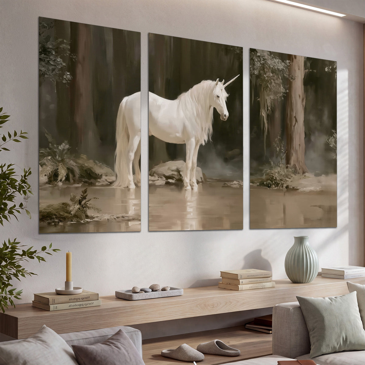 A white unicorn standing beside shallow water beneath tall shadowed trees set of 3 poster prints displayed in a console