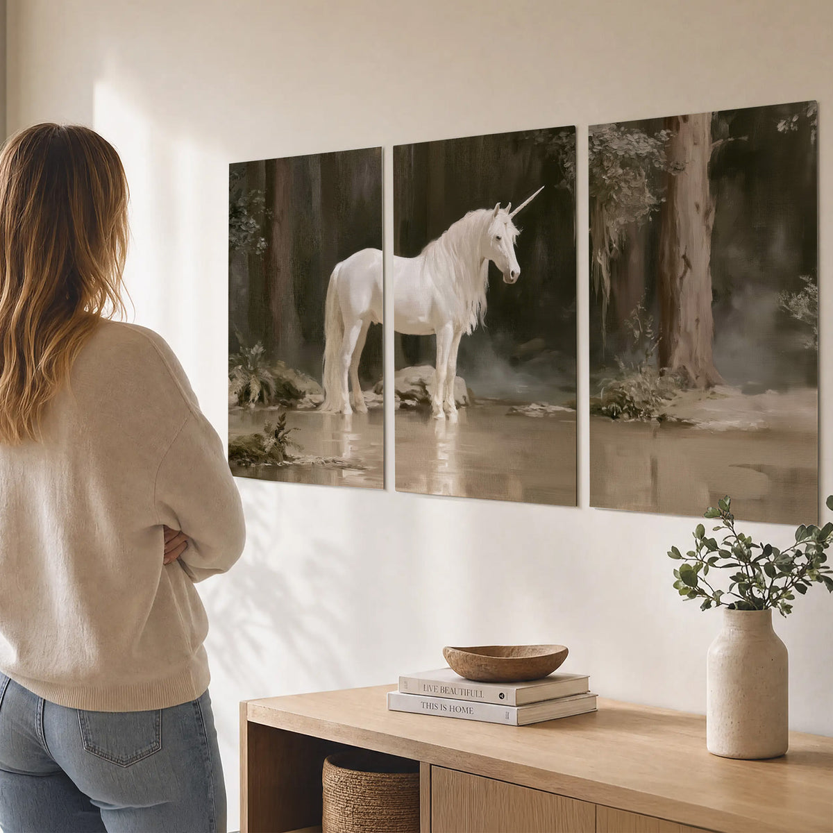 A white unicorn standing beside shallow water beneath tall shadowed trees set of 3 poster prints three panel arrangement on a wall