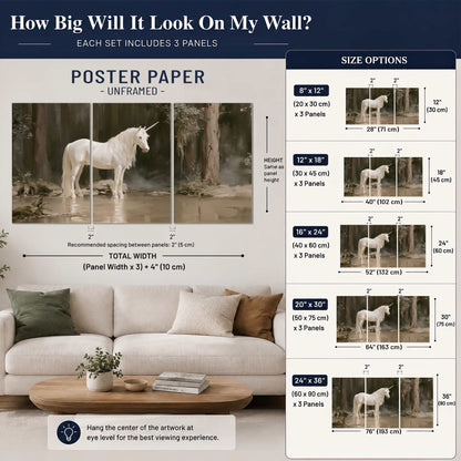 A white unicorn standing beside shallow water beneath tall shadowed trees set of 3 poster prints size guide above a sofa; room view is illustrative