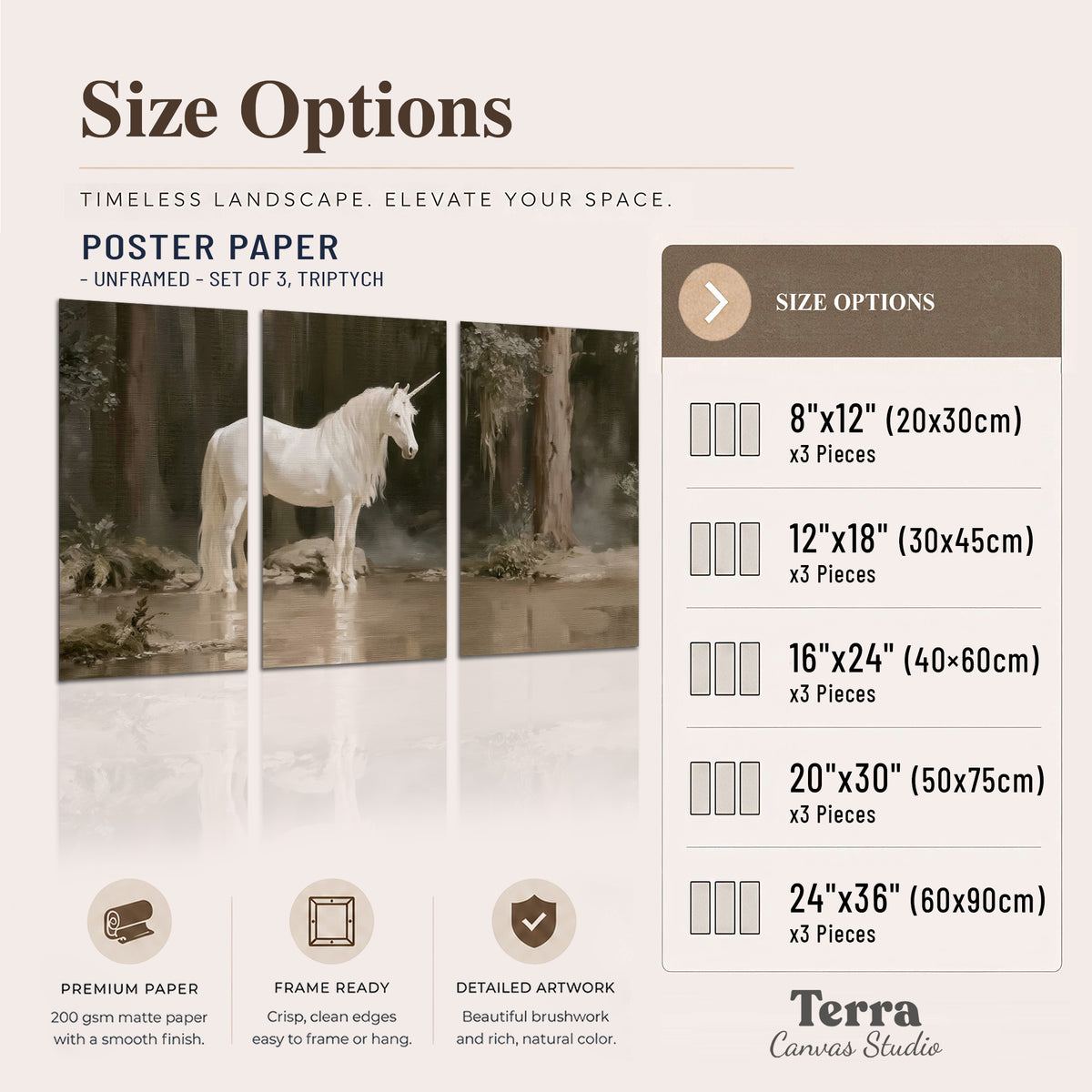A white unicorn standing beside shallow water beneath tall shadowed trees set of 3 poster prints available dimensions; triptych dimensions are per panel