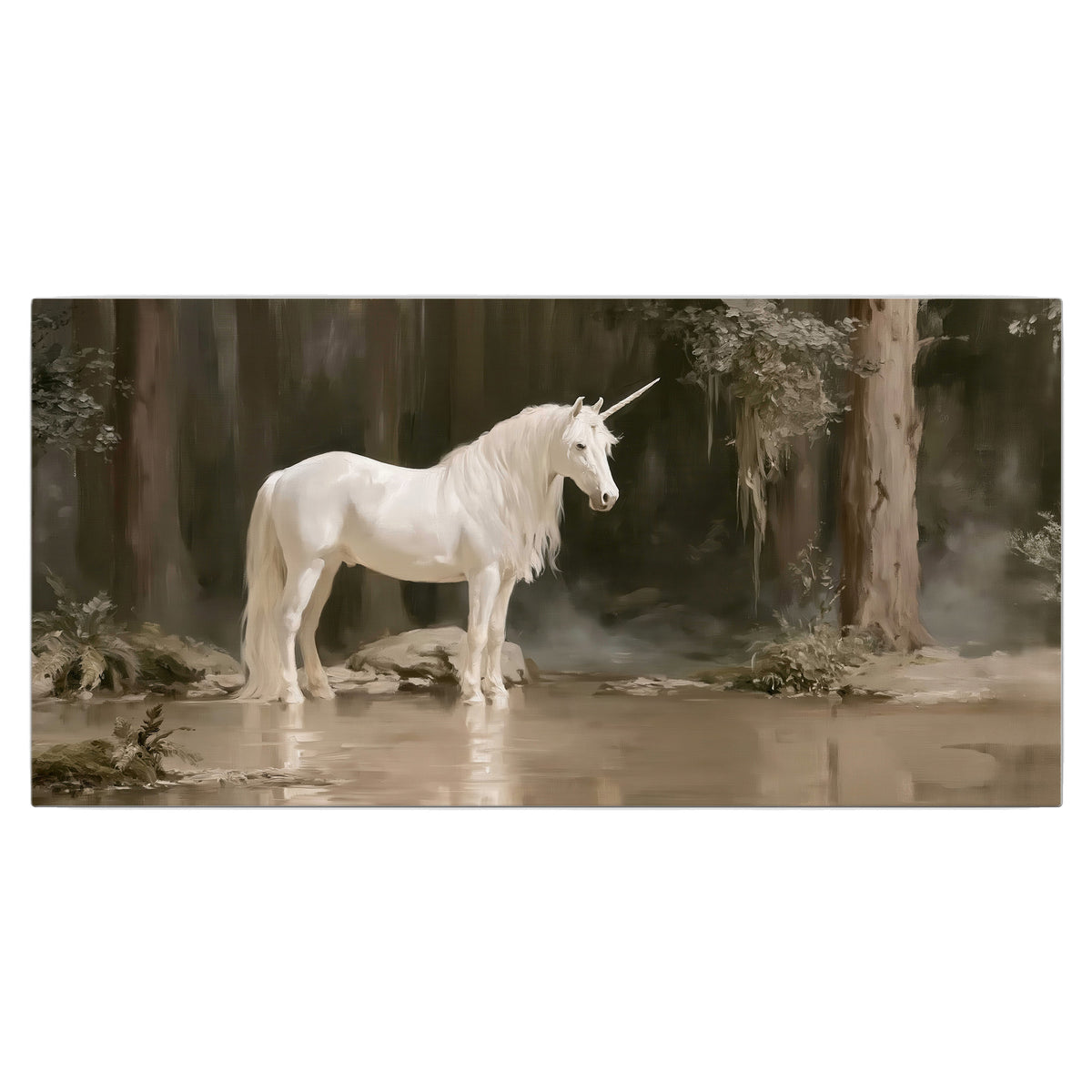 A white unicorn standing beside shallow water beneath tall shadowed trees single canvas wall art viewed straight on
