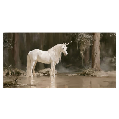 A white unicorn standing beside shallow water beneath tall shadowed trees single canvas wall art viewed straight on