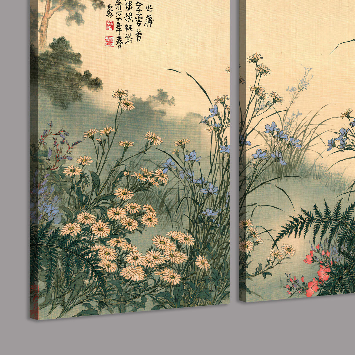 Delicate wildflowers and ferns arranged on a warm neutral ground with decorative script 3 piece canvas wall art room and product view