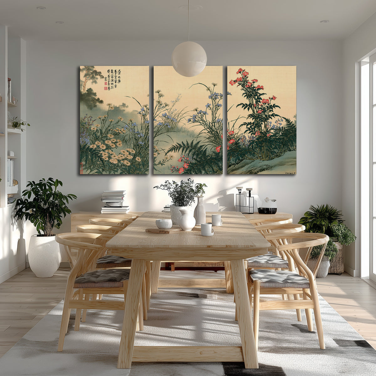 Delicate wildflowers and ferns arranged on a warm neutral ground with decorative script 3 piece canvas wall art room and product view