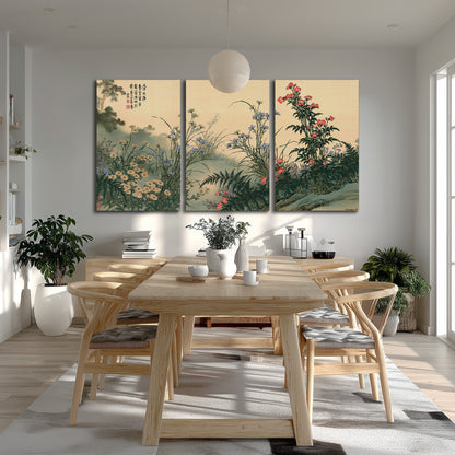 Delicate wildflowers and ferns arranged on a warm neutral ground with decorative script 3 piece canvas wall art room and product view