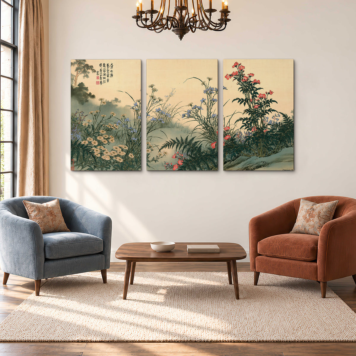 Delicate wildflowers and ferns arranged on a warm neutral ground with decorative script 3 piece canvas wall art styled in an interior