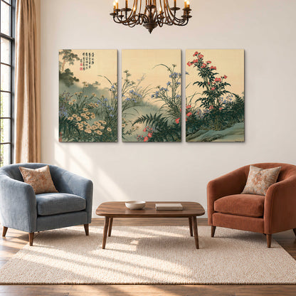 Delicate wildflowers and ferns arranged on a warm neutral ground with decorative script 3 piece canvas wall art styled in an interior