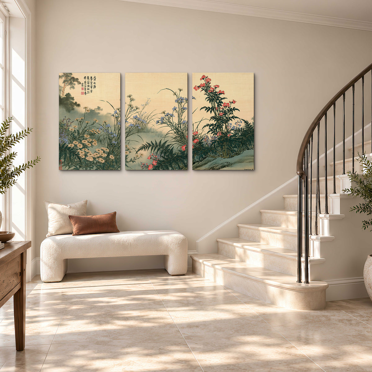 Delicate wildflowers and ferns arranged on a warm neutral ground with decorative script 3 piece canvas wall art styled in an interior