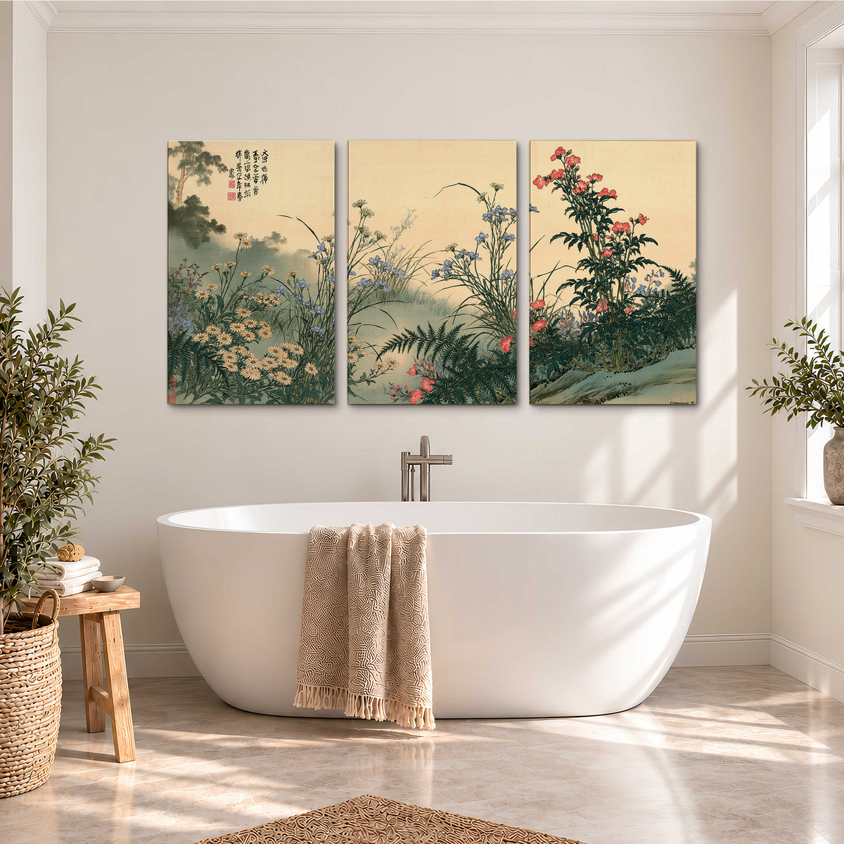 Delicate wildflowers and ferns arranged on a warm neutral ground with decorative script 3 piece canvas wall art styled in an interior