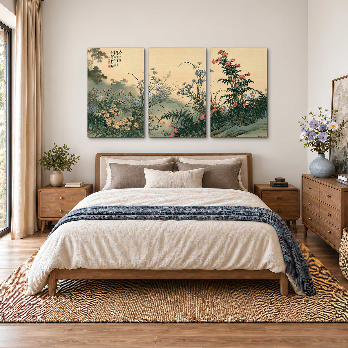 Delicate wildflowers and ferns arranged on a warm neutral ground with decorative script 3 piece canvas wall art styled in an interior