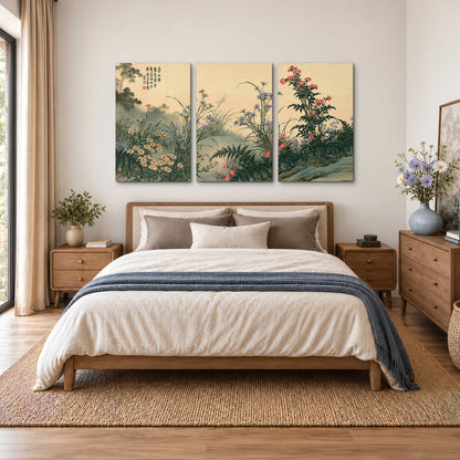 Delicate wildflowers and ferns arranged on a warm neutral ground with decorative script 3 piece canvas wall art styled in an interior
