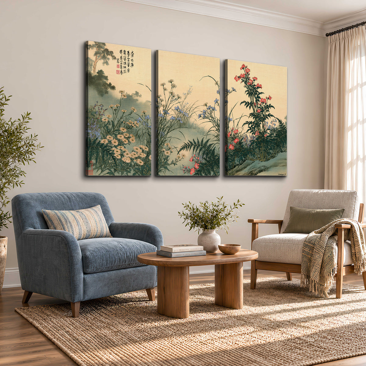 Delicate wildflowers and ferns arranged on a warm neutral ground with decorative script 3 piece canvas wall art styled in an interior